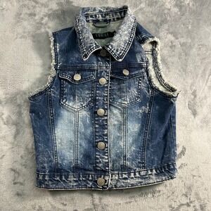 Thrill Jeans Kids‎ Denim Vest Acid Wash Distressed Frayed Collar Button Front M